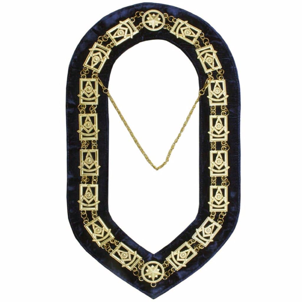 Past Master Blue Lodge Chain Collar - Gold Plated on Blue Velvet - Bricks Masons