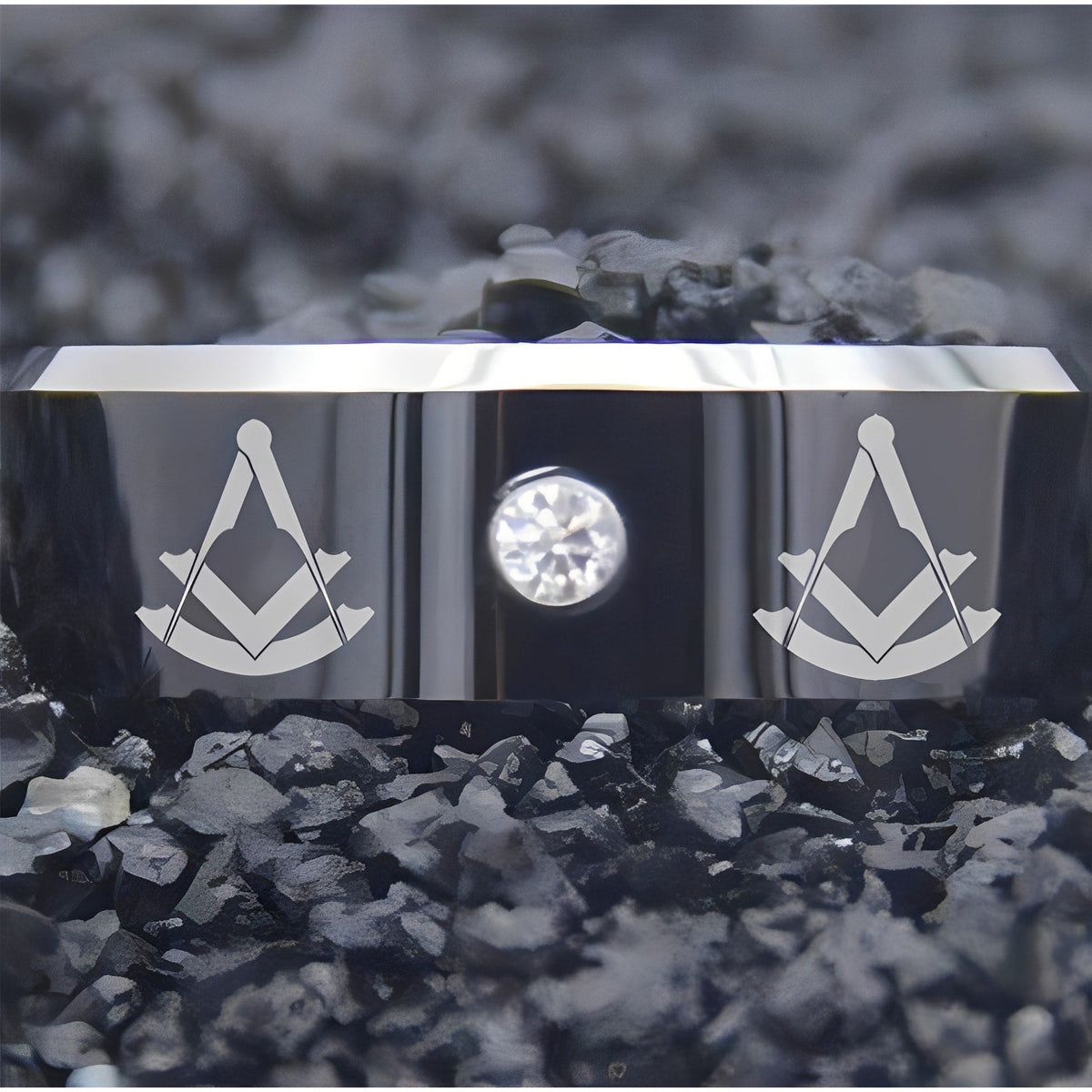 Past Master Blue Lodge Ring - Black Silver Bevel With CZ Stone