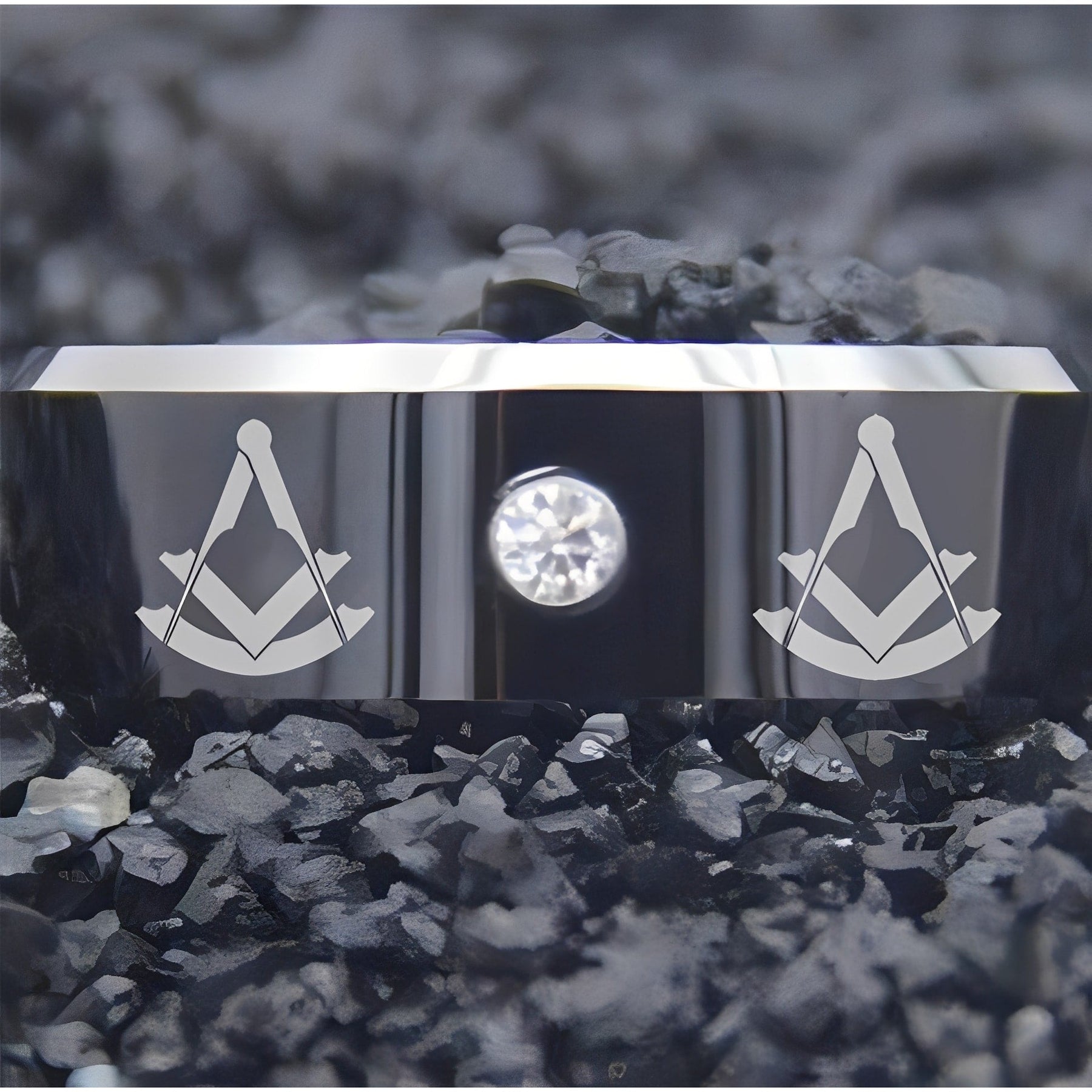 Past Master Blue Lodge Ring - Black Silver Bevel With CZ Stone