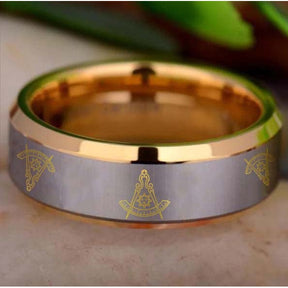 Past Master Blue Lodge Ring - Gold Beveled Tungsten Personalizable