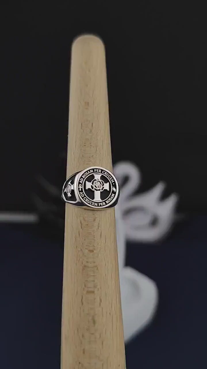 18th Degree Rose Croix Scottish Rite Ring - Blooming Rose & Latin Motto