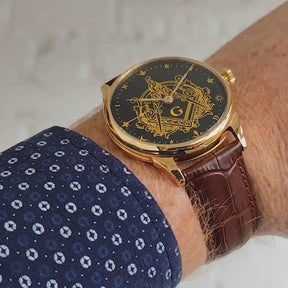 Master Mason Blue Lodge Wristwatch - Gold Case S&C With Hidden Symbols
