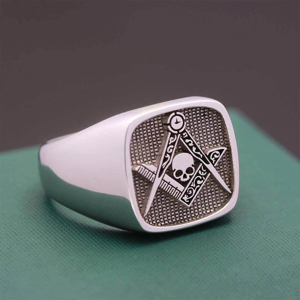 Master Mason Blue Lodge Ring - Signet Skull Square & Compass 925 Sterling Silver