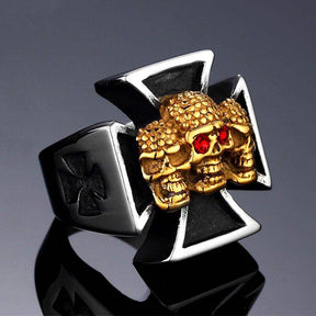 Knights Templar Commandery Ring - Triple Golden Skulls