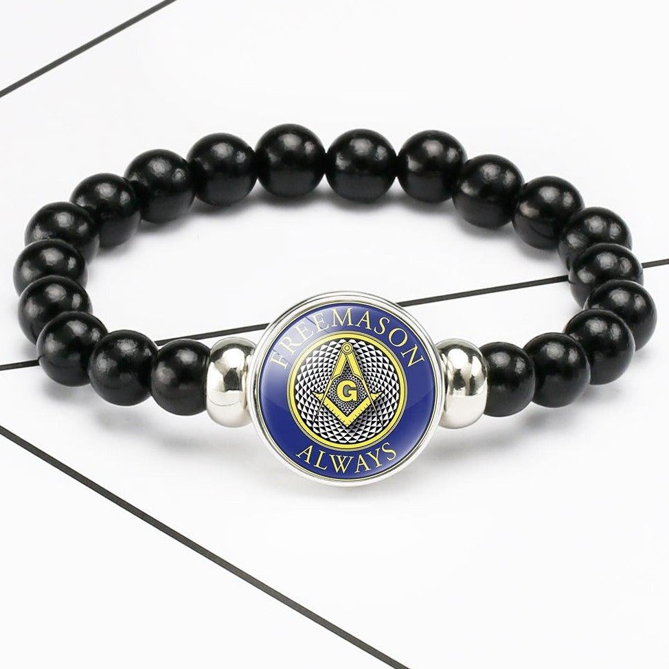 Master Mason Blue Lodge Bracelet - Compass & Square G Black Beads - Bricks Masons