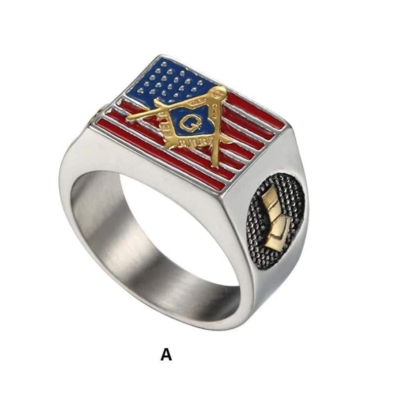 Master Mason Blue Lodge Ring - Compass and Square G USA Flag