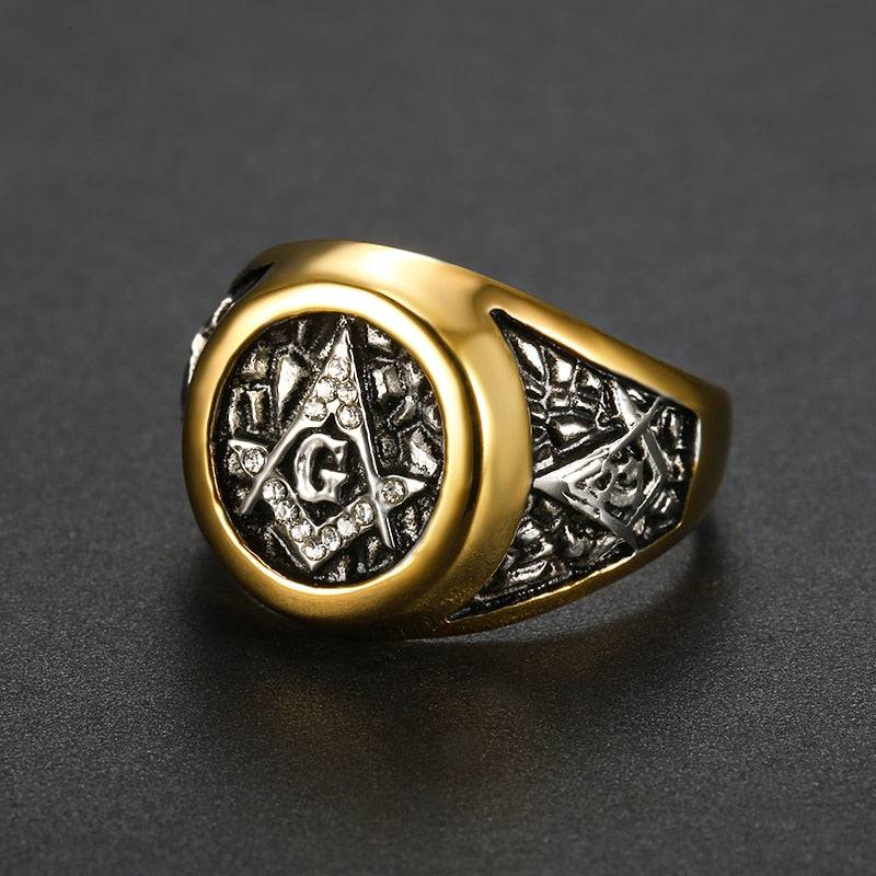 Master Mason Blue Lodge Ring - Square and Compass G Gold Crystal Plated