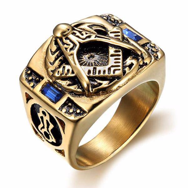 Master Mason Blue Lodge Ring - Gold & Blue Crystal