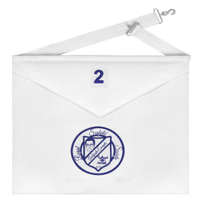 Schürze der Royal Scofield Society – Weiß &amp; Blau, Maschinenstickerei