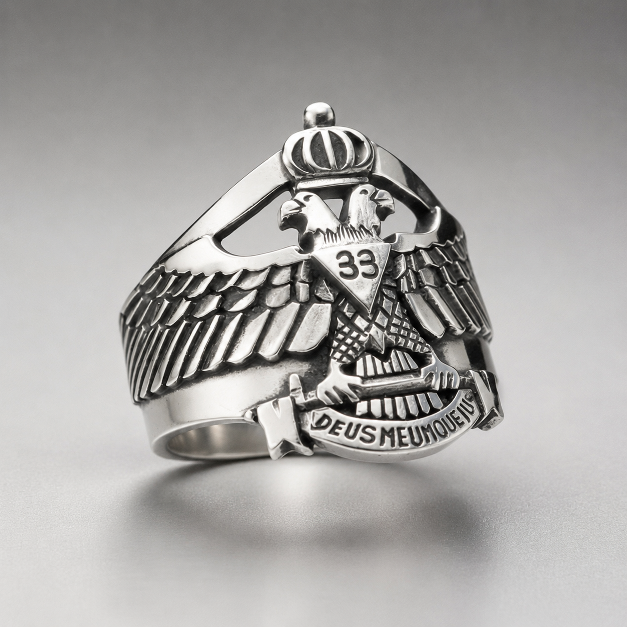 33rd Degree Scottish Rite Ring - Deus Meumque Jus Wings Up
