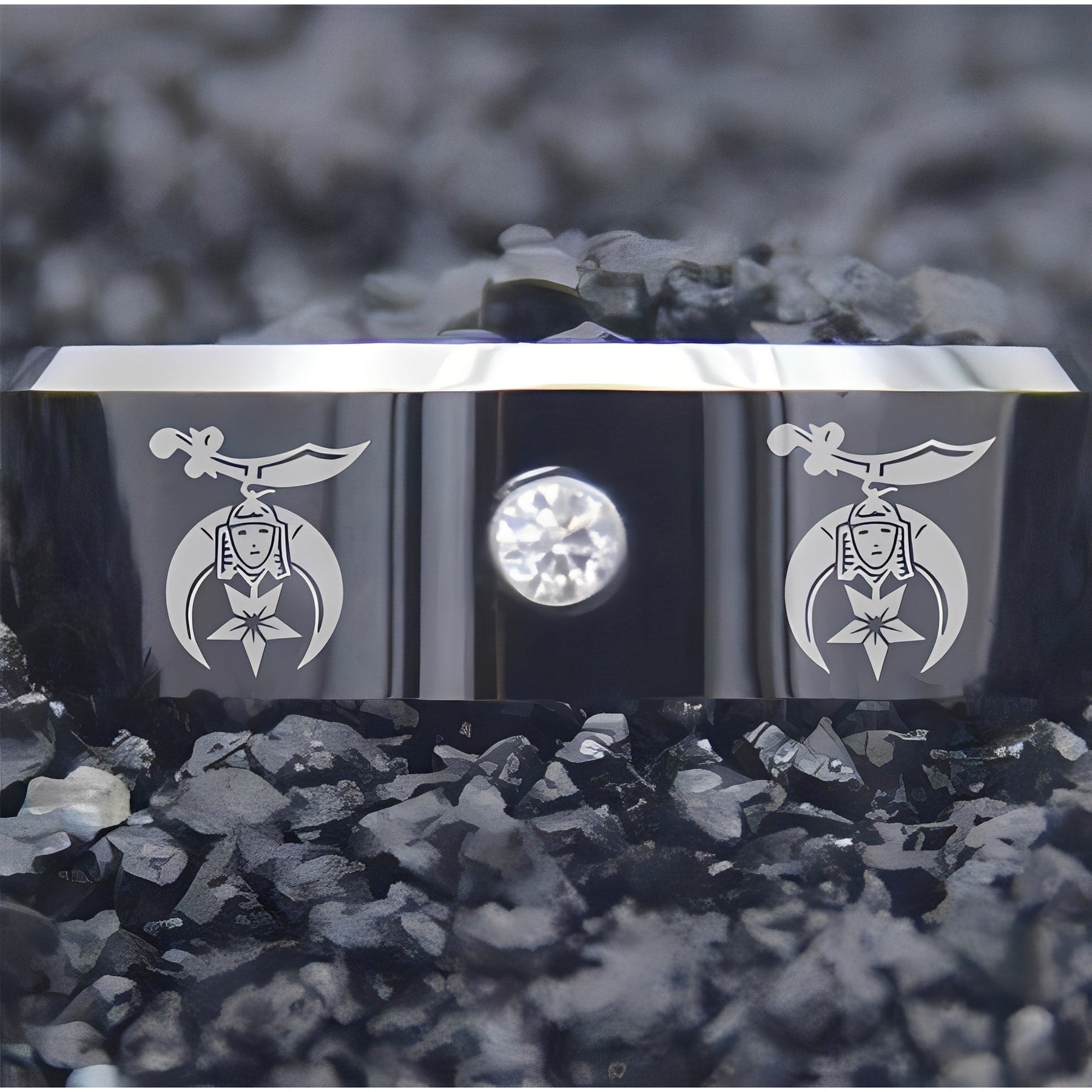 Shriners Ring - Black Silver Bevel With CZ Stone