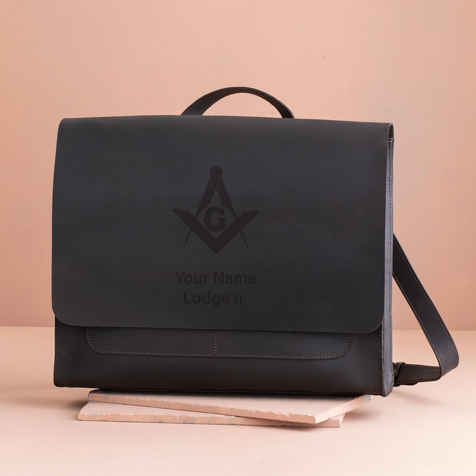Master Mason Blue Lodge Briefcase - Black Full Grain Leather - Bricks Masons