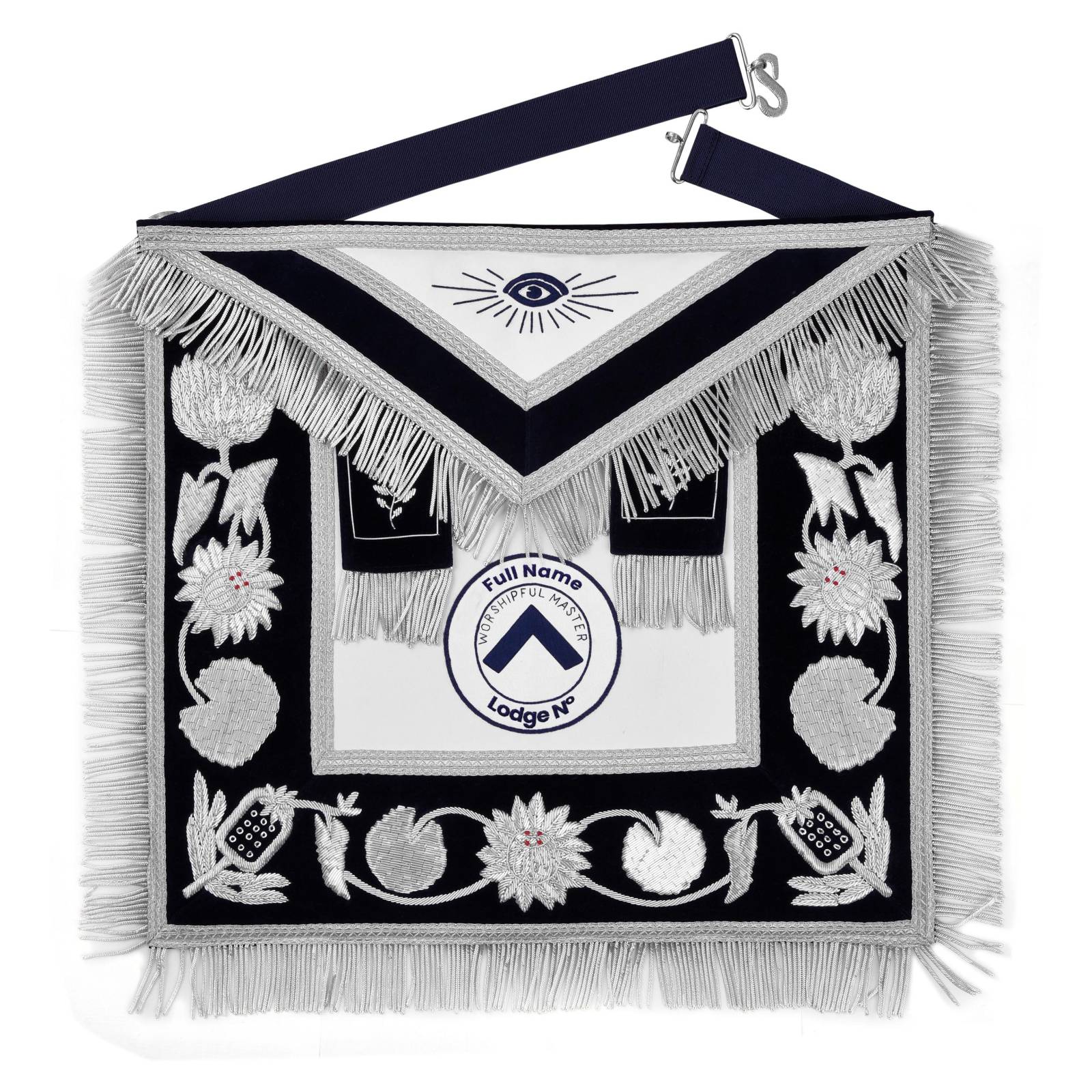 Worshipful Master Blue Lodge Apron - Blue Velvet With Silver Bullion & Fringe - Bricks Masons