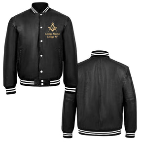 Master Mason Blue Lodge Jacket - Black Leather With Customizable Gold Embroidery