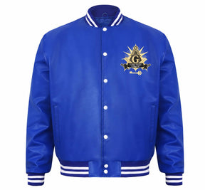 International Masons Jacket - Blue Leather With Customizable Embroidery - Bricks Masons