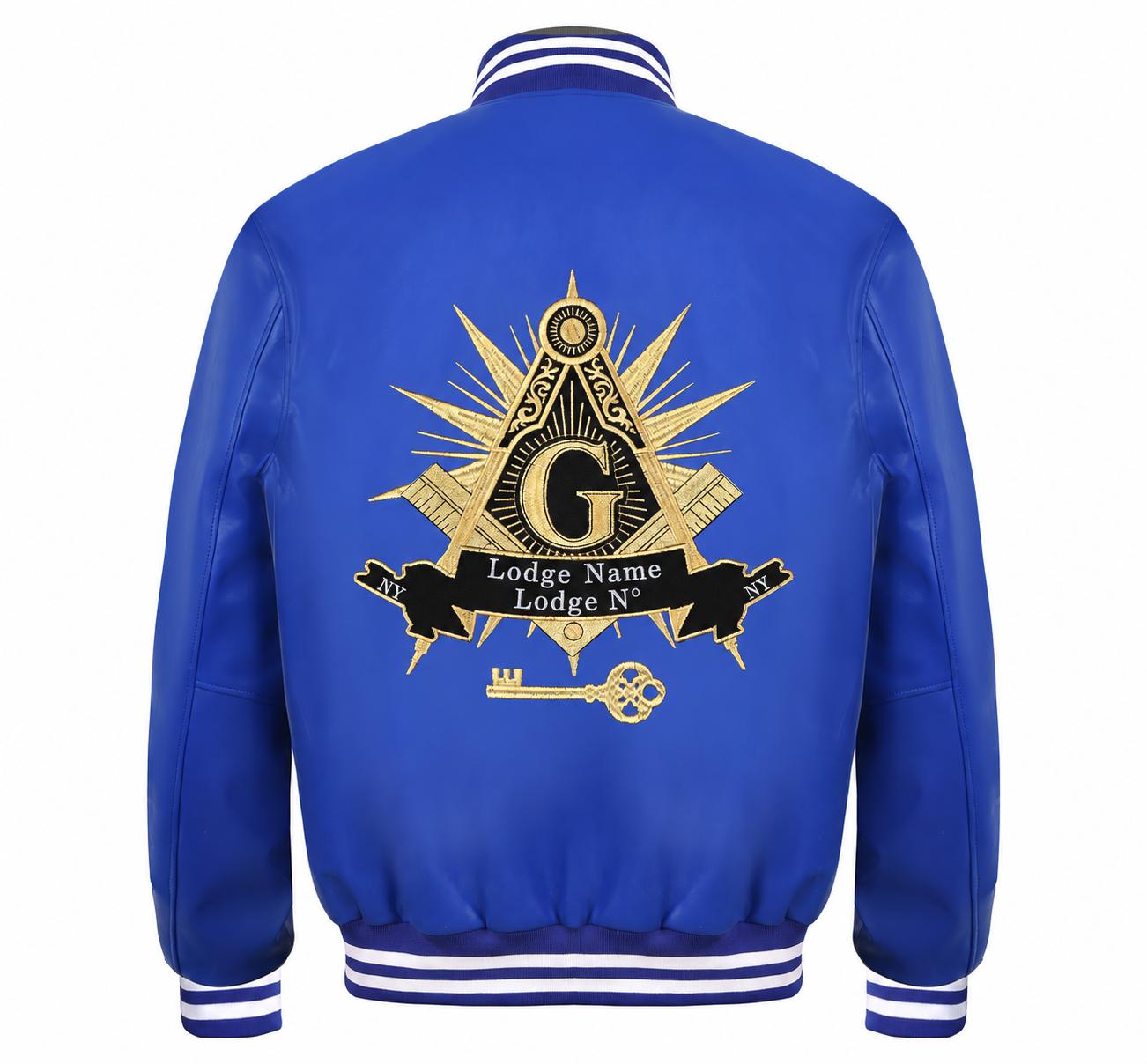 International Masons Jacket - Blue Leather With Customizable Embroidery - Bricks Masons