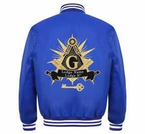 International Masons Jacket - Blue Leather With Customizable Embroidery - Bricks Masons