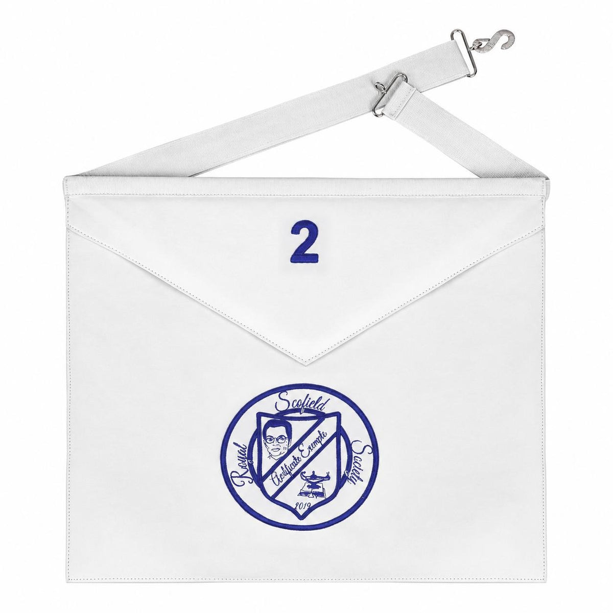 Royal Scofield Society Apron - White & Blue Machine Embroidery - Bricks Masons