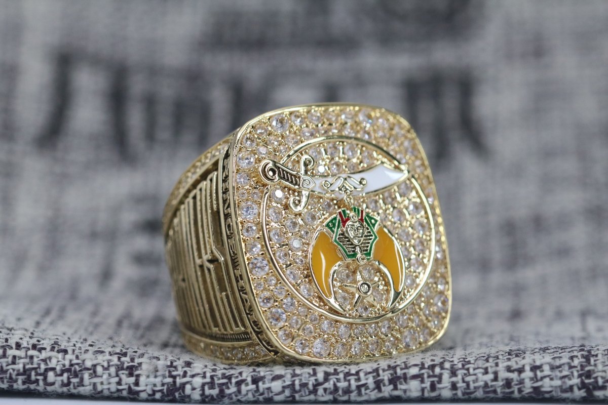 Shriners Ring - 925 Sterling Silver Gold Plated With Rhinestones - Bricks Masons