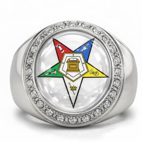 OES Ring - Sterling Silver & Stones With Colorful Eastern Star Engraved Customization - Bricks Masons