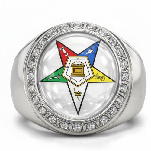 OES Ring - Sterling Silver & Stones With Colorful Eastern Star Engraved Customization - Bricks Masons
