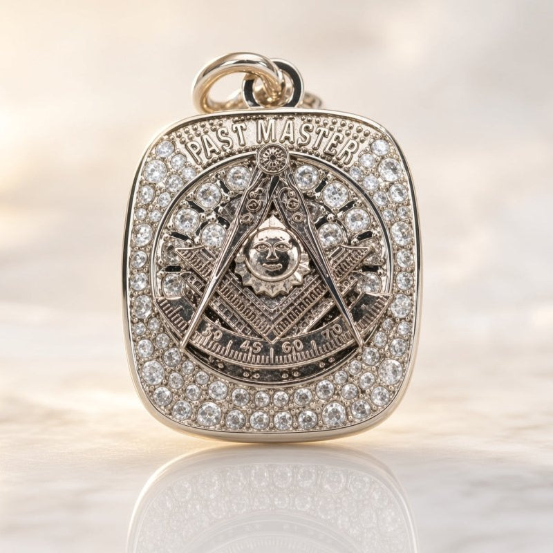 Past Master Blue Lodge Necklace - Sterling Silver S & C Sun Quadrant With Rhinestones & Engraved Customization - Bricks Masons