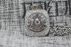Past Master Blue Lodge Necklace - Sterling Silver S & C Sun Quadrant With Rhinestones & Engraved Customization - Bricks Masons