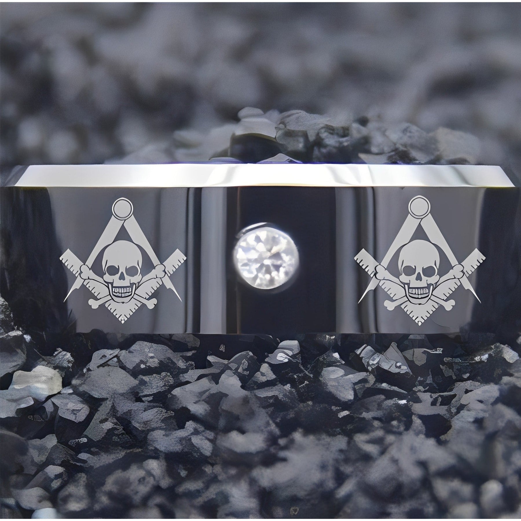 Widows Sons Ring - Black Silver Bevel With CZ Stone