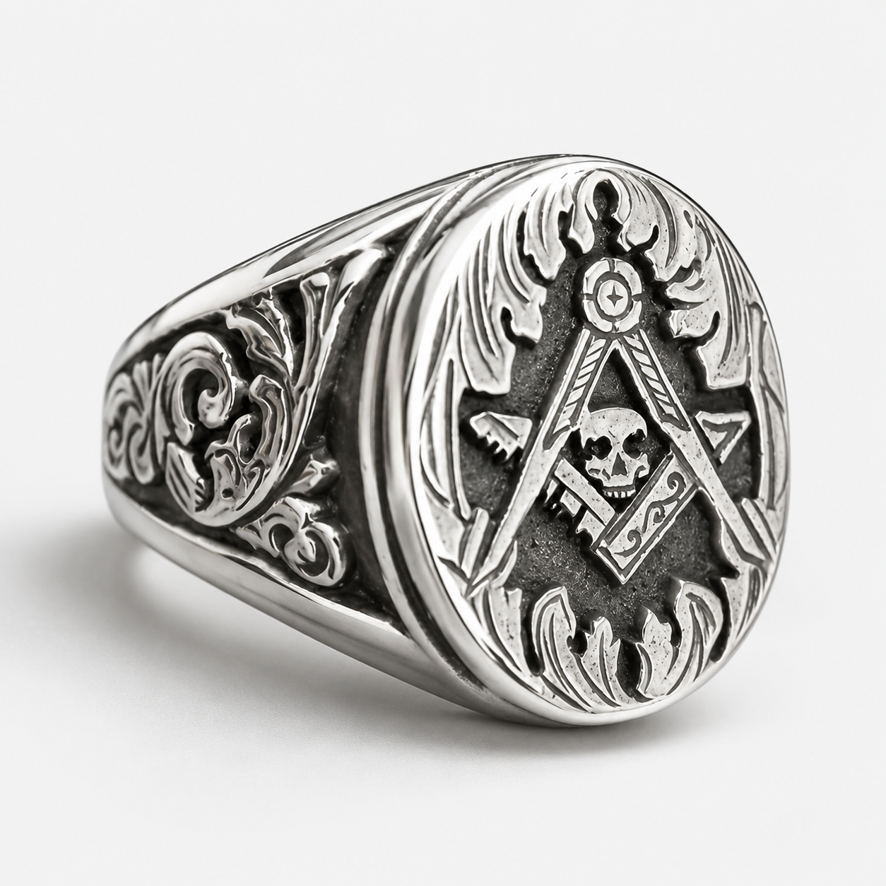 Widows Sons Ring - Square & Compass With Chiseled Skull In Silver