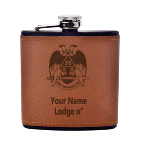 32nd Degree Scottish Rite Flask - Wings Down Leather & Stainless Steel - Bricks Masons