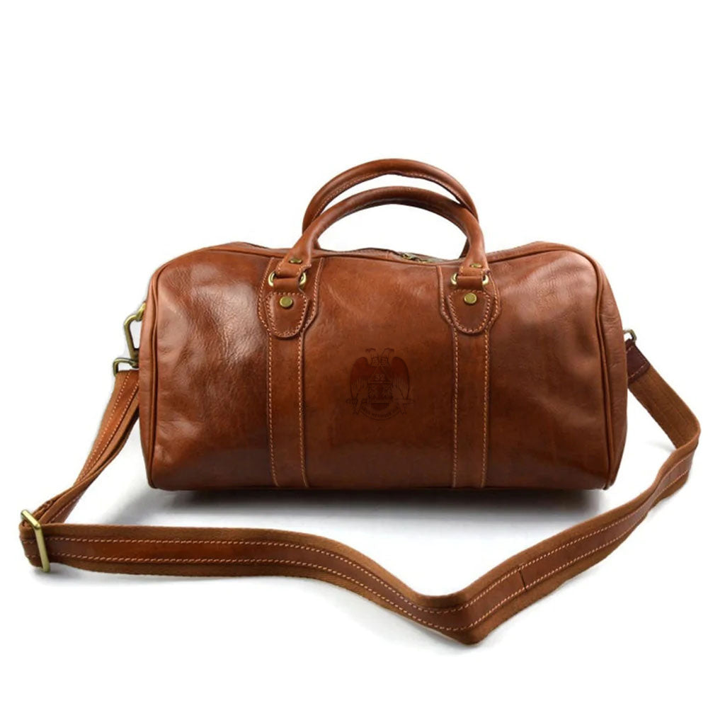 32nd Degree Scottish Rite Travel Bag - Wings Down Genuine Matte Brown Leather - Bricks Masons