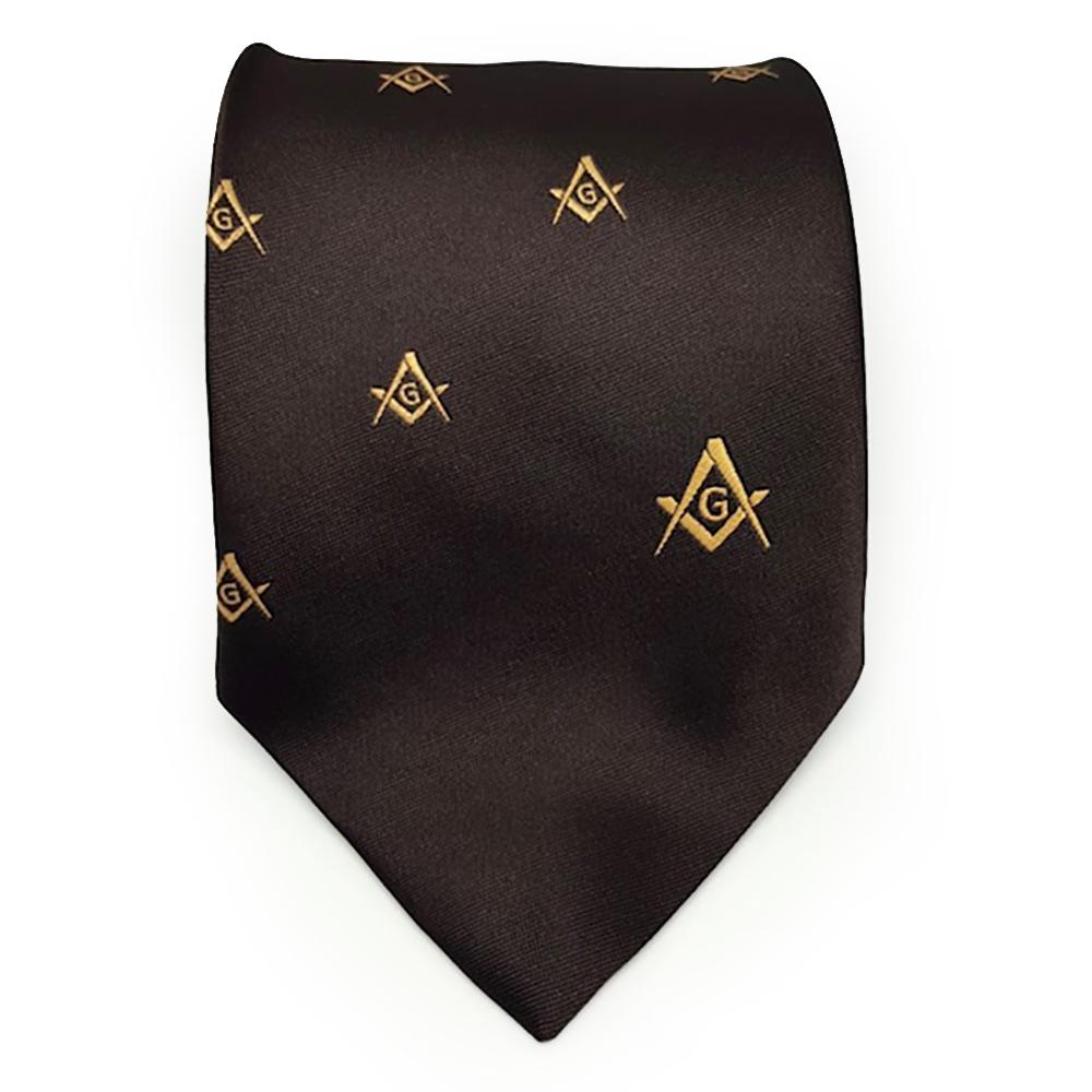 Masonic Regalia Craft Masons Silk Tie Embroidered Square Compass & G Brown - Bricks Masons