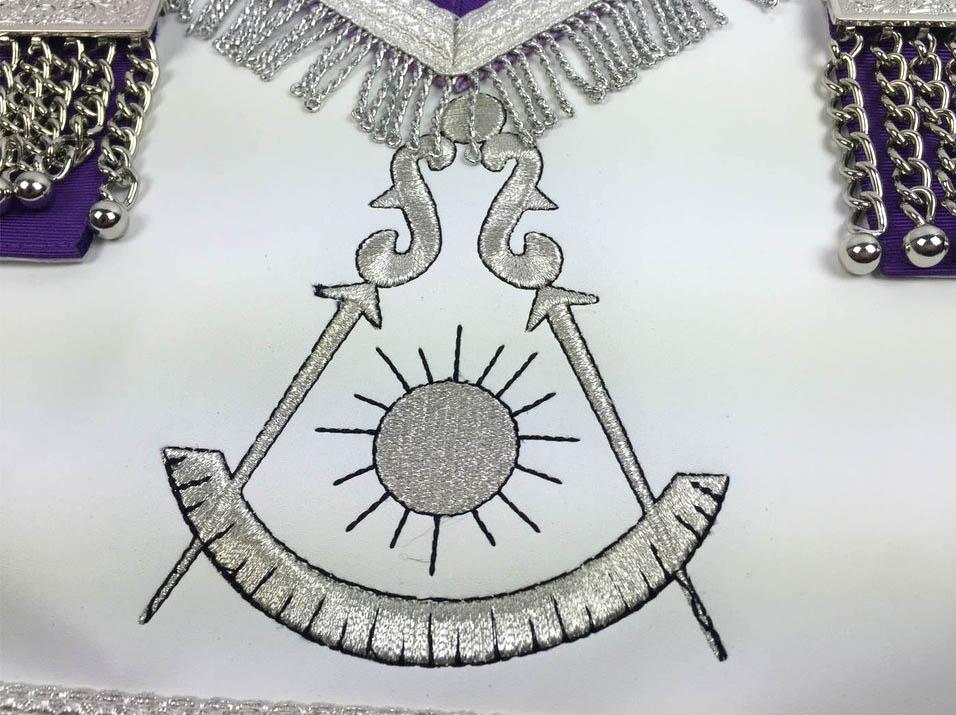 Past Master Blue Lodge Apron - White & Purple with Silver Machine Embroidery - Bricks Masons