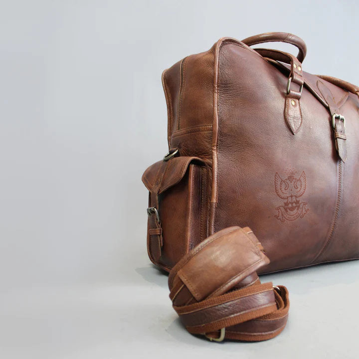 33rd Degree Scottish Rite Travel Bag - Wings Up Genuine Brown Leather - Bricks Masons