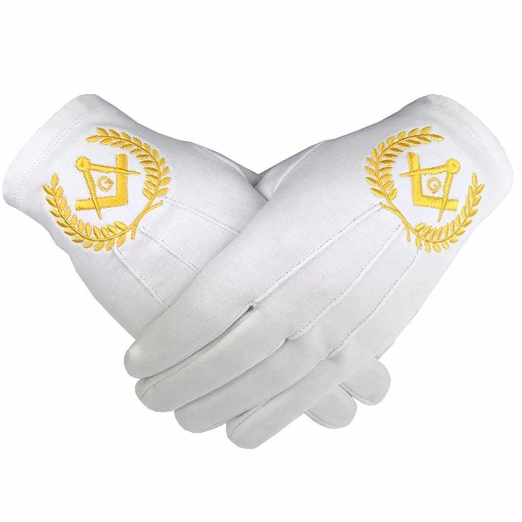 Master Mason Blue Lodge Glove - White Cotton with Yellow Square & Compass G - Bricks Masons