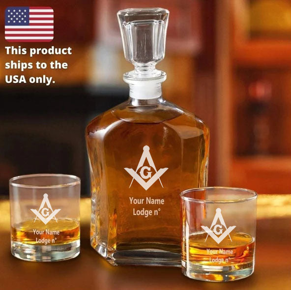 Master Mason Blue Lodge Decanter - 2 Whiskey Tumbler Glasses Set - Bricks Masons