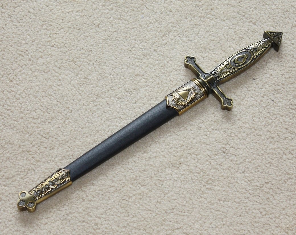 Square Compass Brass Masonic Sword Knife Snake Flaming Blade / Black Scabbard 15.5" - Bricks Masons