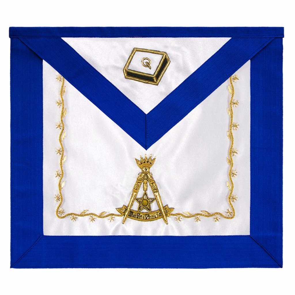 14th Degree Scottish Rite Apron - White Silk & Blue Moire Hand Embroidery - Bricks Masons