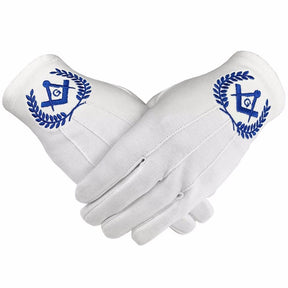 Master Mason Blue Lodge Glove - White Cotton with Blue Square & Compass G - Bricks Masons
