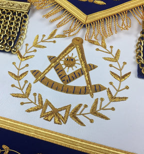 Past Master Blue Lodge Apron - Royal Blue Velvet Hand Embroidery - Bricks Masons