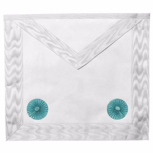 Fellowcraft Blue Lodge Apron - All White Moire with Two Turquoise Rosettes - Bricks Masons