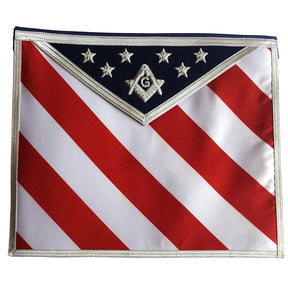 Master Mason Blue Lodge Apron - USA Flag White, Red & Blue Hand Embroidery - Bricks Masons