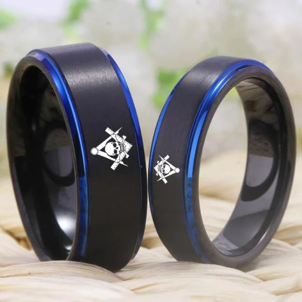 Widows Sons Ring - Black Blue Tungsten - Bricks Masons