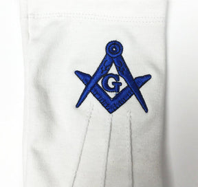 Master Mason Blue Lodge Glove - White Cotton Machine Embroidery - Bricks Masons