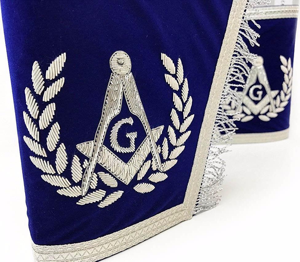 Master Mason Blue Lodge Cuff - Dark Blue & Silver Hand Embroidery with Fringe - Bricks Masons
