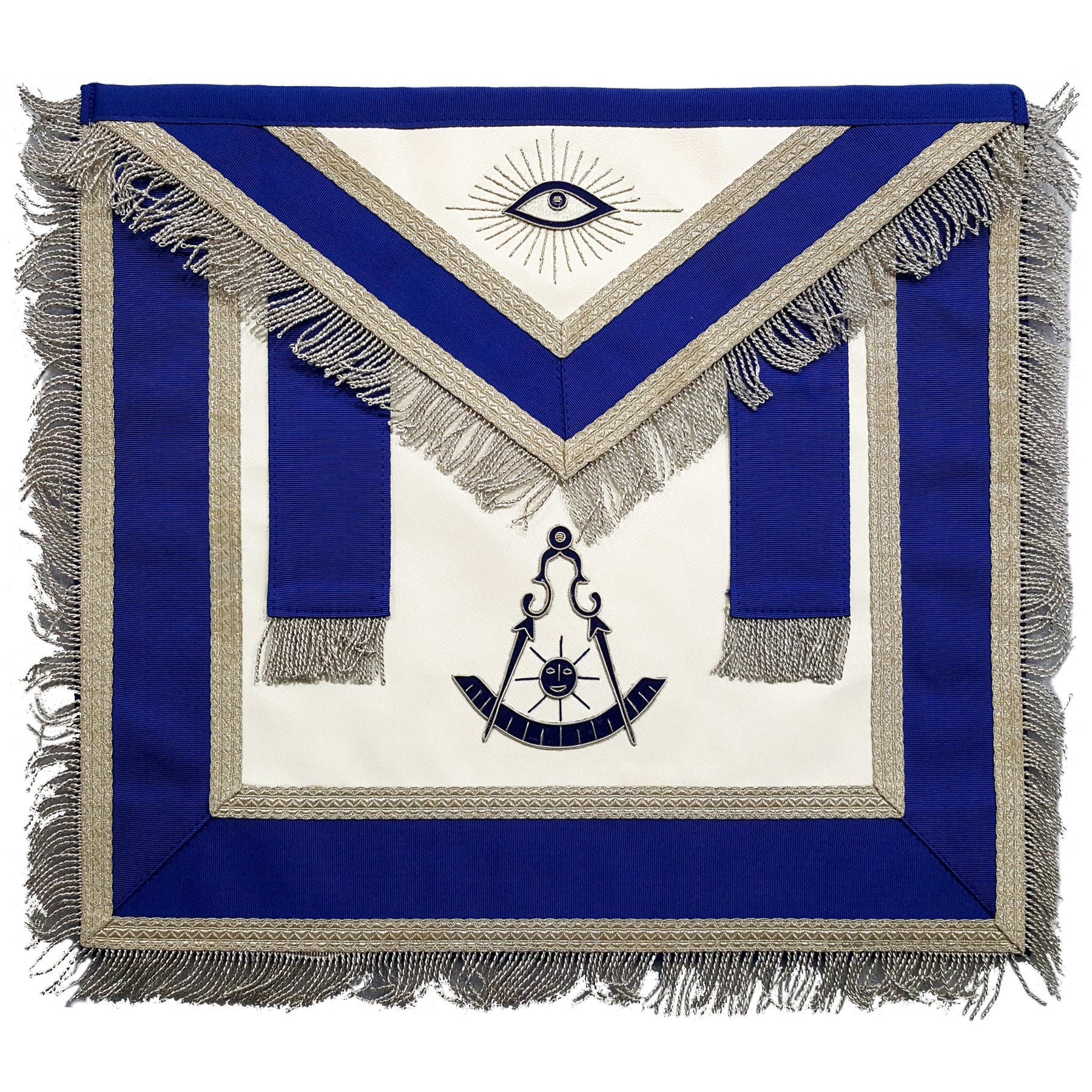 Past Master Blue Lodge Apron - Blue with Tabs & Silver Fringe - Bricks Masons