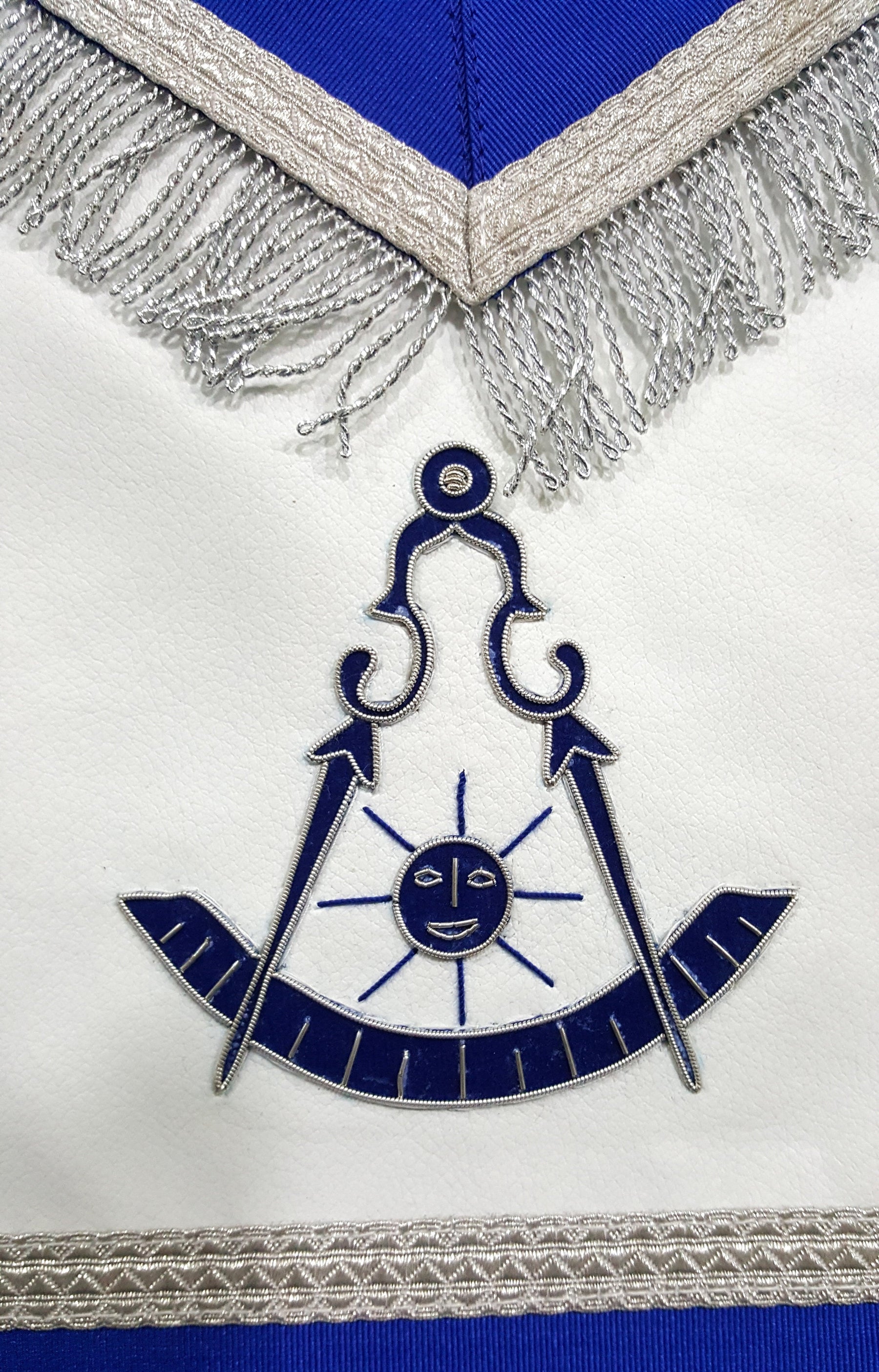 Past Master Blue Lodge Apron - Blue with Tabs & Silver Fringe - Bricks Masons