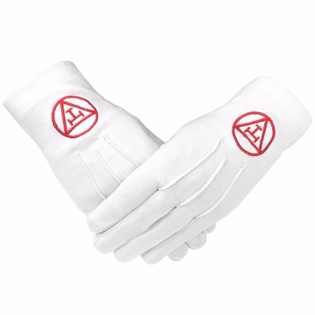 Royal Arch Chapter Glove - White Cotton with Red Triple Tau Insignia - Bricks Masons
