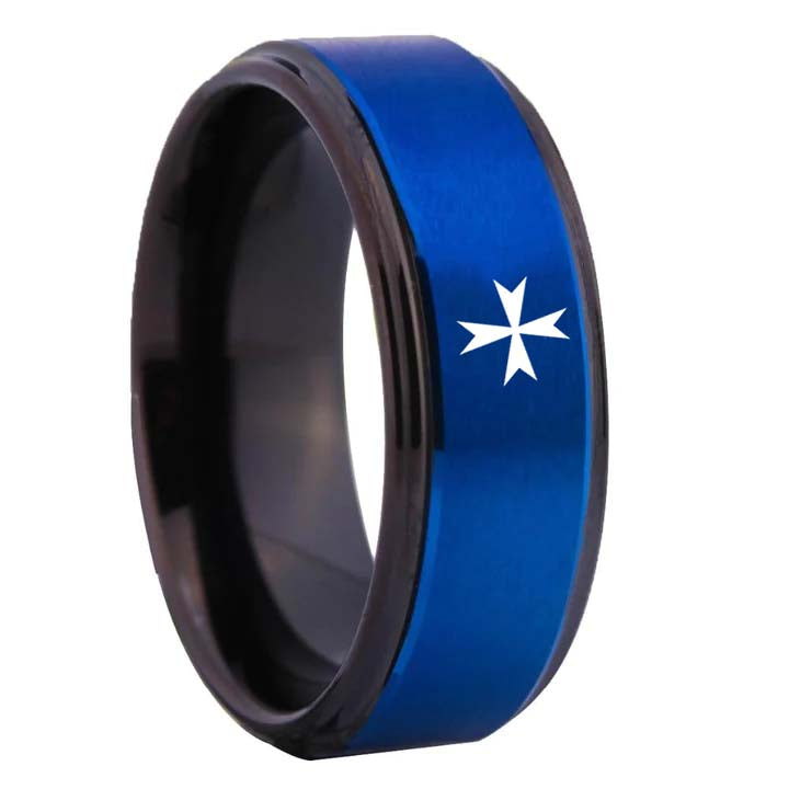 Order of Malta Commandery  Ring - Blue Tungsten - Bricks Masons