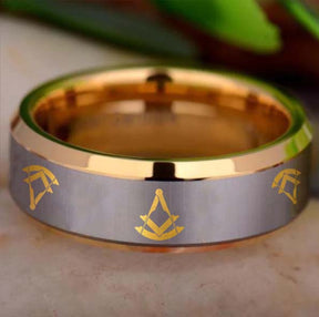 Past Master Blue Lodge  Ring - Gold Beveled Tungsten - Bricks Masons